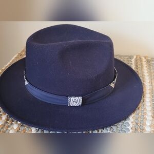 Blue and White Fedora Hat with Wide Brim